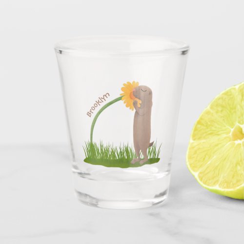 Cute prairie dog sniffing flower cartoon shot glass