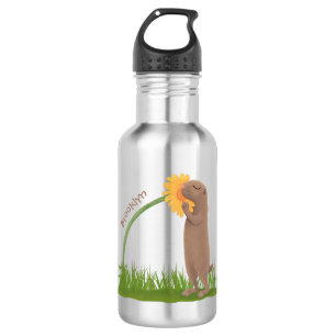 Cute prairie dog sniffing flower cartoon stainless steel water bottle
