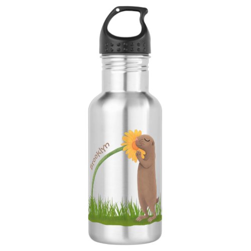 Cute prairie dog sniffing flower cartoon stainless steel water bottle