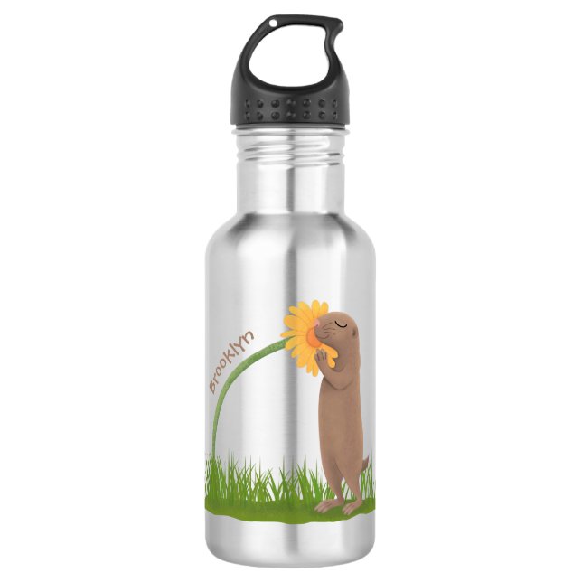 Cute prairie dog sniffing flower cartoon stainless steel water bottle (Front)