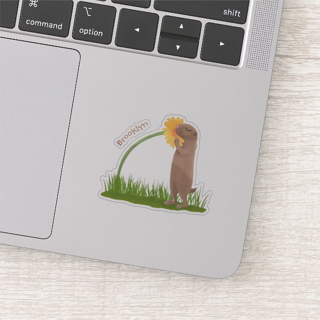 Cute prairie dog sniffing flower cartoon sticker (Detail)