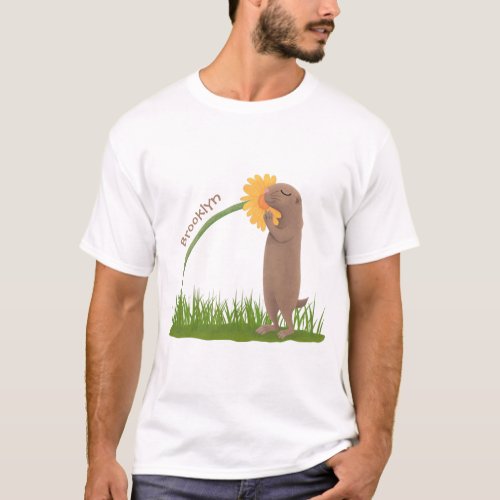 Cute prairie dog sniffing flower cartoon T_Shirt