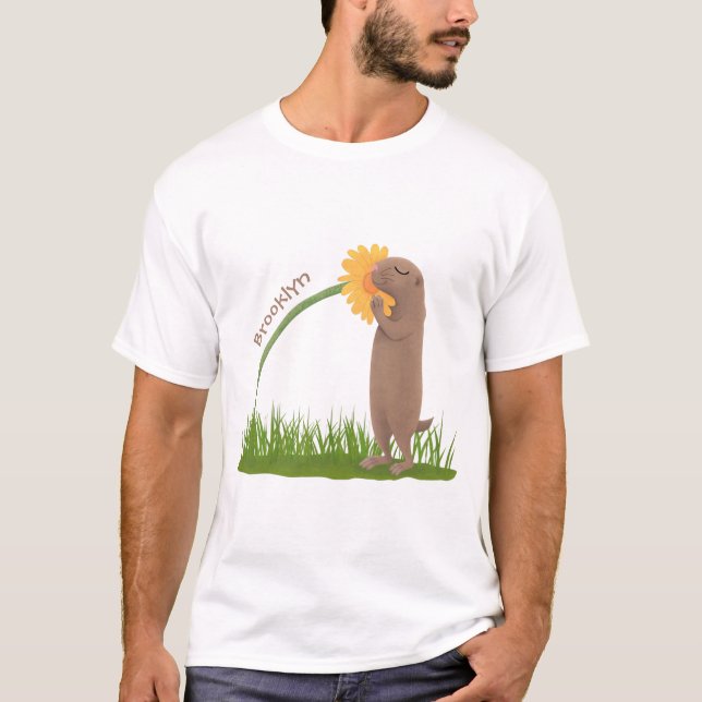 Cute prairie dog sniffing flower cartoon T-Shirt (Front)