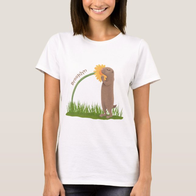 Cute prairie dog sniffing flower cartoon T-Shirt (Front)