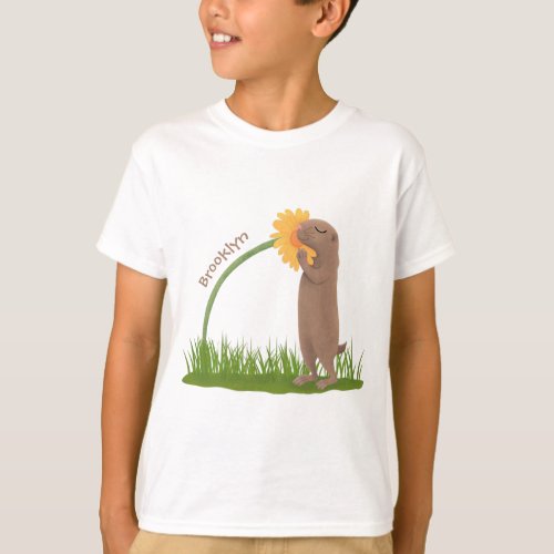 Cute prairie dog sniffing flower cartoon T_Shirt