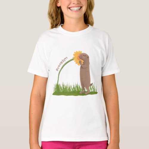 Cute prairie dog sniffing flower cartoon T_Shirt