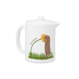 Cute prairie dog sniffing flower cartoon teapot