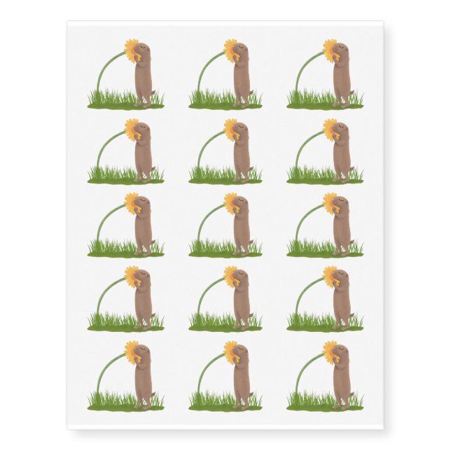 Cute prairie dog sniffing flower cartoon temporary tattoos (Front)