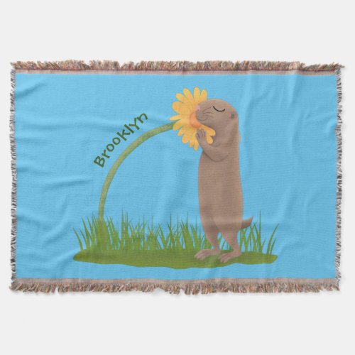 Cute prairie dog sniffing flower cartoon throw blanket