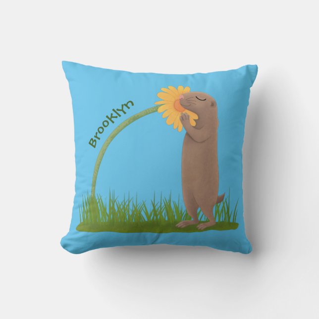 Cute prairie dog sniffing flower cartoon throw pillow (Front)