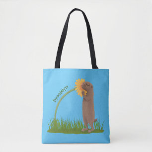 Cute prairie dog sniffing flower cartoon tote bag
