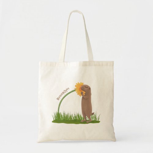 Cute prairie dog sniffing flower cartoon tote bag