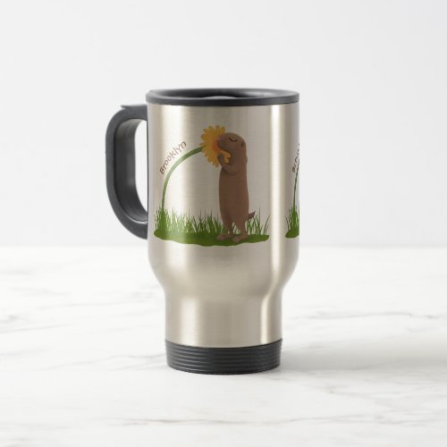 Cute prairie dog sniffing flower cartoon travel mug