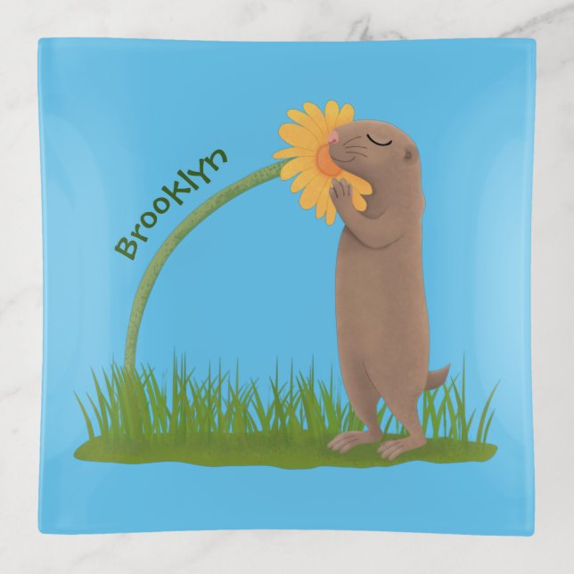 Cute prairie dog sniffing flower cartoon trinket tray (Front)