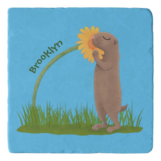 Cute prairie dog sniffing flower cartoon trivet (Front)