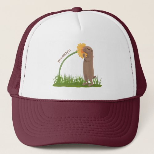 Cute prairie dog sniffing flower cartoon trucker hat