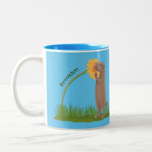 Cute prairie dog sniffing flower cartoon Two_Tone coffee mug