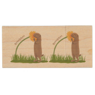 Cute prairie dog sniffing flower cartoon wood flash drive