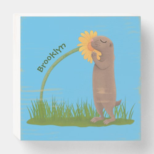 Cute prairie dog sniffing flower cartoon wooden box sign