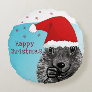 Cute Prairie Dog with Santa Hat Happy Christmas Round Pillow