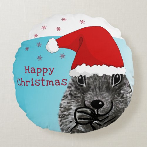 Cute Prairie Dog with Santa Hat Happy Christmas Round Pillow
