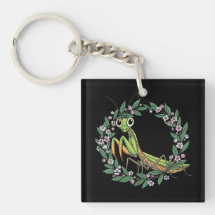 Cute Praying Mantis And Mountain Laurel Blossom Keychain