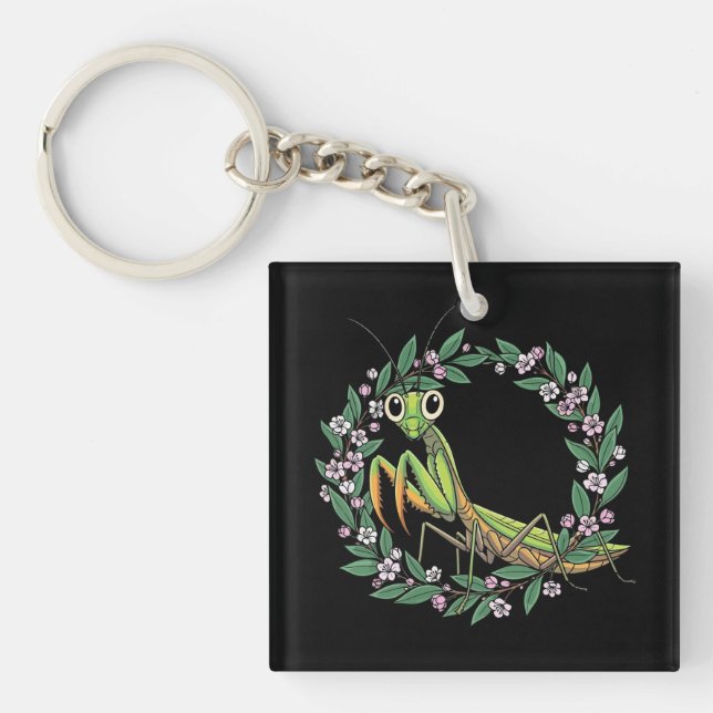 Cute Praying Mantis And Mountain Laurel Blossom Keychain (Front)