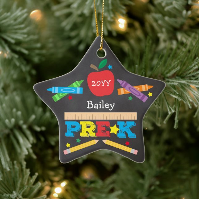 Cute Pre-K Preschool Crayons Chalkboard Photo Star Ceramic Ornament (Tree)