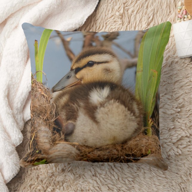 Cute Precocious Mallard Duckling Baby Bird Throw Pillow (Blanket)