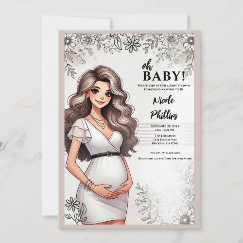 Cute Pregnant Girl Wavy Hair Floral Oh Baby Shower Invitation