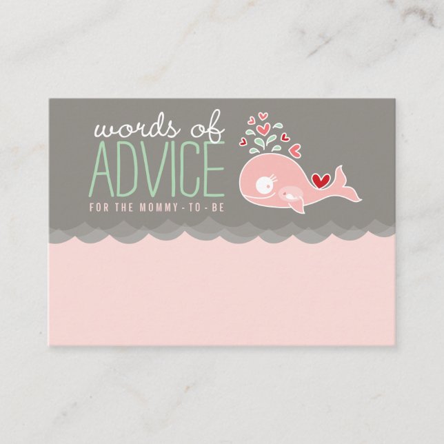 Cute Pregnant Pink Whale Baby Shower Game Mommy Advice Card (Front)