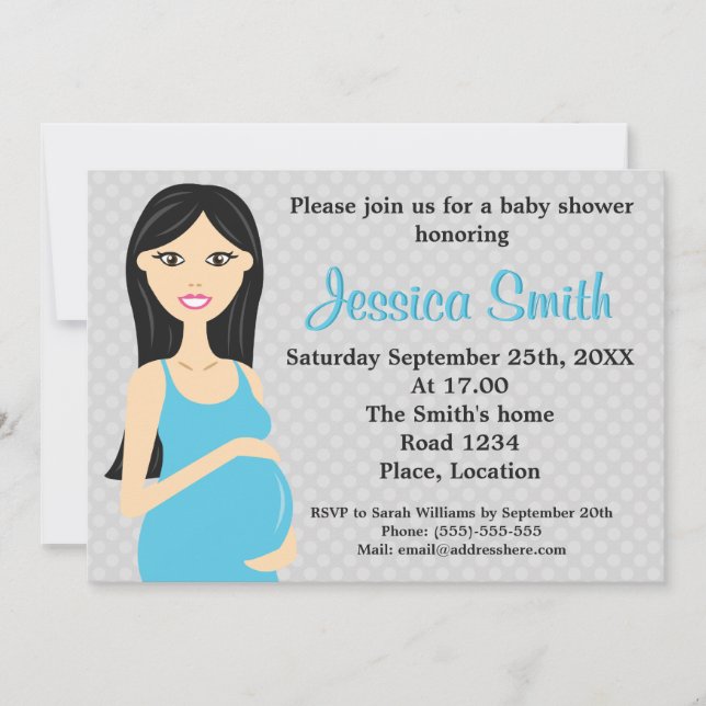 Cute Pregnant Woman In Blue Dress Baby Shower Invitation (Front)