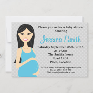Cute Pregnant Woman In Blue Dress Baby Shower Invitation