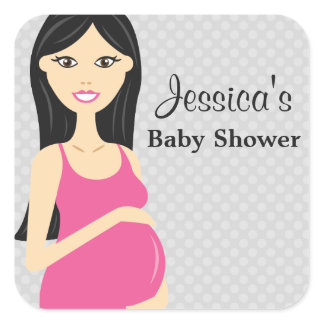 Cute Pregnant Woman In Pink Dress Baby Shower Square Sticker