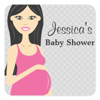 Cute Pregnant Woman In Pink Dress Baby Shower Square Sticker