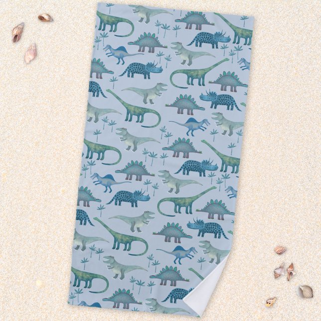 Cute Prehistoric Blue Dinosaur Pattern Beach Towel (Fun prehistoric dinosaur pattern beach towel for paleontologists of all ages)