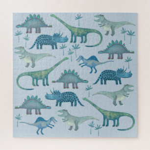 Cute Prehistoric Blue Dinosaur Pattern Jigsaw Puzzle