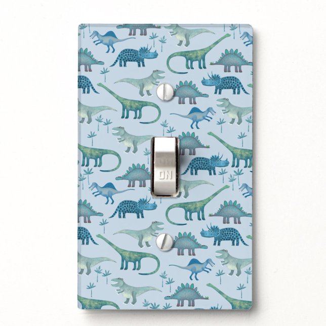 Cute Prehistoric Blue Dinosaur Pattern Light Switch Cover (Fun dinosaur pattern light switch cover)