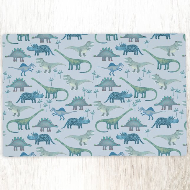 Cute Prehistoric Blue Dinosaur Pattern Placemat (Fun blue dinosaur laminated double sided placemat)