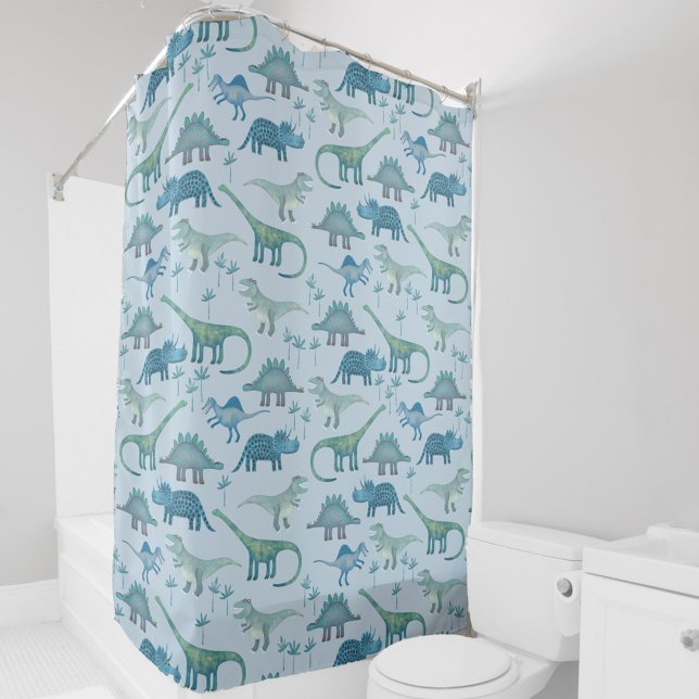 Cute Prehistoric Blue Dinosaur Pattern Shower Curtain (Fun blue dinosaur shower curtain featuring Tyrannosaur, Diplodocus, Triceratops, Spinosaur and more)