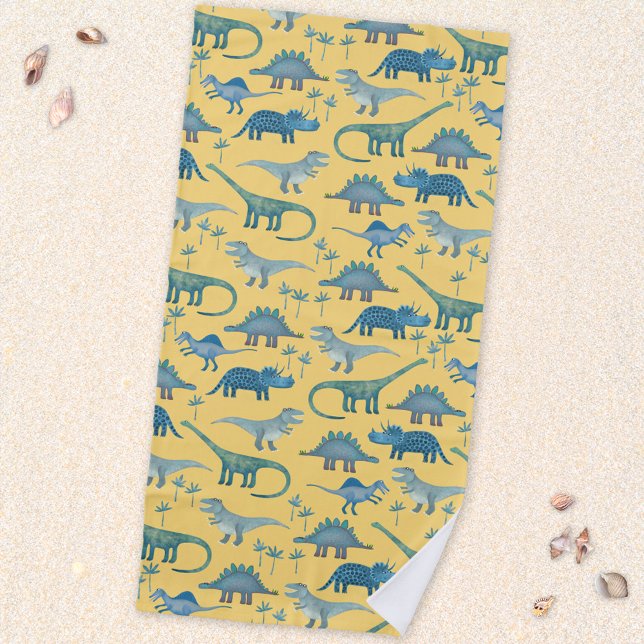 Cute Prehistoric Dinosaur Pattern Yellow Beach Towel (Fun prehistoric dinosaur pattern beach towel for paleontologists of all ages)