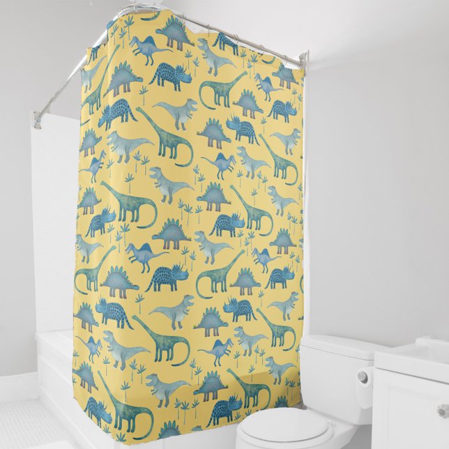 Cute Prehistoric Dinosaur Pattern Yellow Shower Curtain (Fun dinosaur pattern yellow shower curtain featuring Tyrannosaur, Diplodocus, Triceratops and more.)