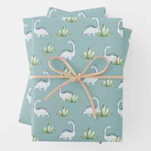 Cute Prehistoric Dinosaurs and Plants Pattern Wrapping Paper Sheets