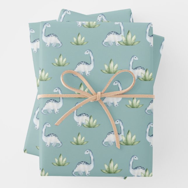 Cute Prehistoric Dinosaurs and Plants Pattern Wrapping Paper Sheets (In situ)