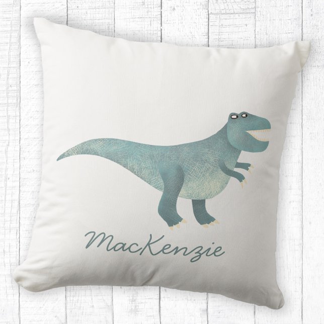 Cute Prehistoric T-Rex Dinosaur Personalized Throw Pillow (Fun Tyrannosaurus Rex dinosaur personalized name throw pillow)