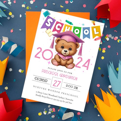 Cute prek bear Kindergarten Graduation Invitation