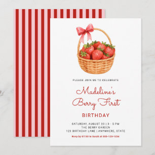 Cute Preppy Berry First Strawberry Birthday Invitation