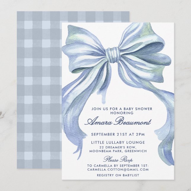 Cute Preppy Blue Bow & Gingham Girl Baby Shower Invitation (Front/Back)