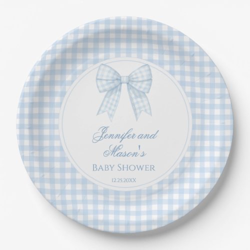 Cute preppy blue bow ribbon baby boy shower paper plates