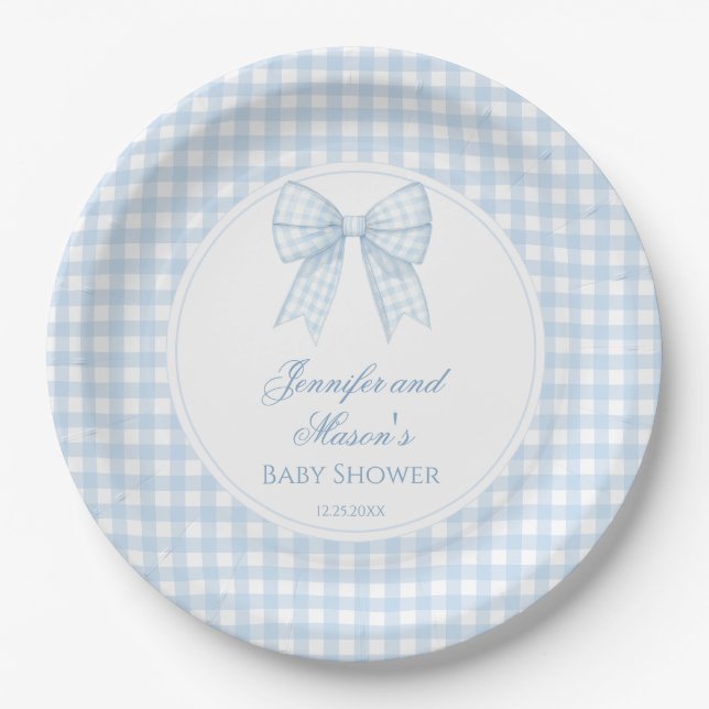 Cute preppy blue bow ribbon baby boy shower paper plates (Front)
